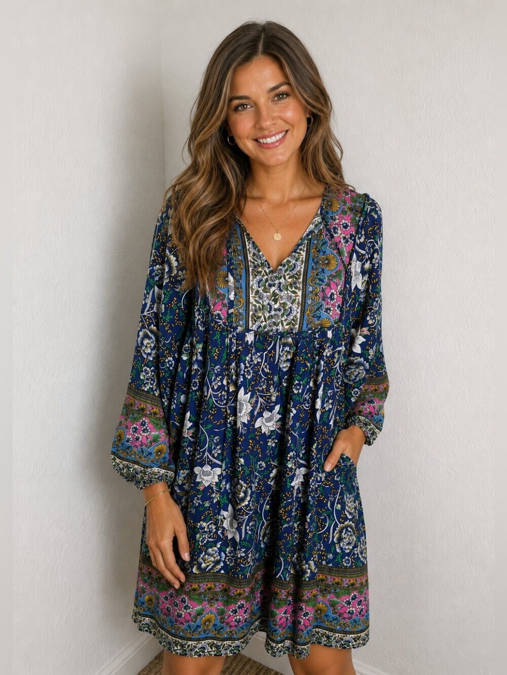 Temofon Navy, Pink & White Floral Bohemian Dress, Size Large
